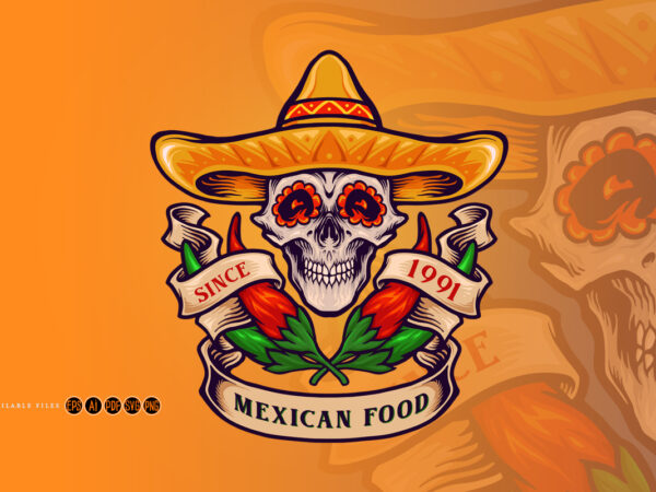 Mexican food skull logo chilli t shirt designs for sale