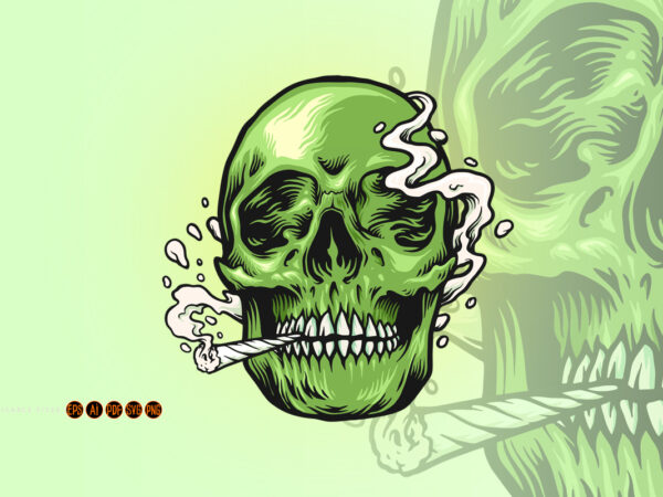 Smoking weed green skull hand drawn illustrations t shirt template vector