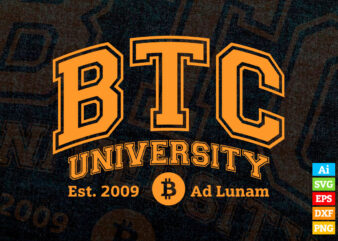 BTC University To The Moon Funny Distressed Bitcoin College design editable vector t-shirt design in ai eps dxf png and btc cryptocurrency svg files for cricut