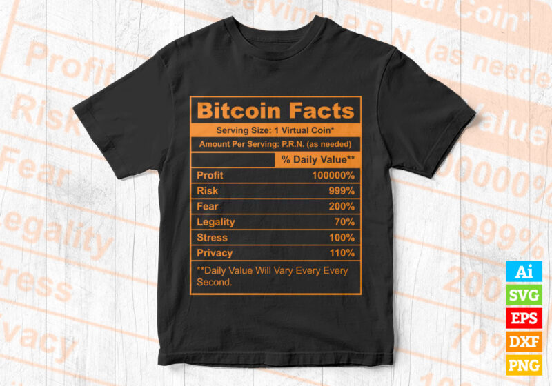 Funny Bitcoin Crypto BTC Nutrition Facts editable vector t-shirt design in ai eps dxf png and btc cryptocurrency svg files for cricut
