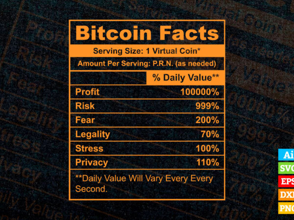 Funny Bitcoin Crypto BTC Nutrition Facts editable vector t-shirt design in ai eps dxf png and btc cryptocurrency svg files for cricut Funny Bitcoin Crypto BTC Nutrition Facts editable vector t-shirt design in ai eps dxf png and btc cryptocurrency svg files for cricut