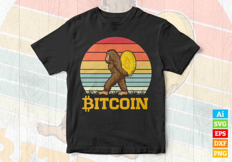 Bigfoot holding Crypto Bitcoin BTC Vintage editable vector t-shirt design in ai eps dxf png and btc cryptocurrency svg files for cricut