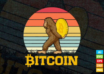 Bigfoot holding Crypto Bitcoin BTC Vintage editable vector t-shirt design in ai eps dxf png and btc cryptocurrency svg files for cricut