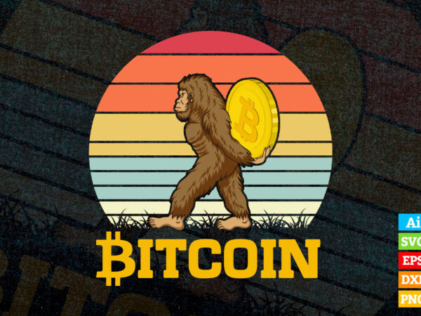 Bigfoot holding Crypto Bitcoin BTC Vintage editable vector t-shirt design in ai eps dxf png and btc cryptocurrency svg files for cricut Bigfoot holding Crypto Bitcoin BTC Vintage editable vector t-shirt design in ai eps dxf png and btc cryptocurrency svg files for cricut