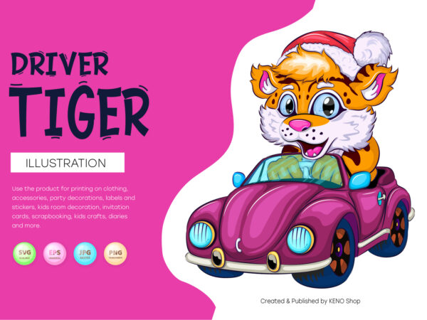Cartoon tiger on car. t shirt vector file