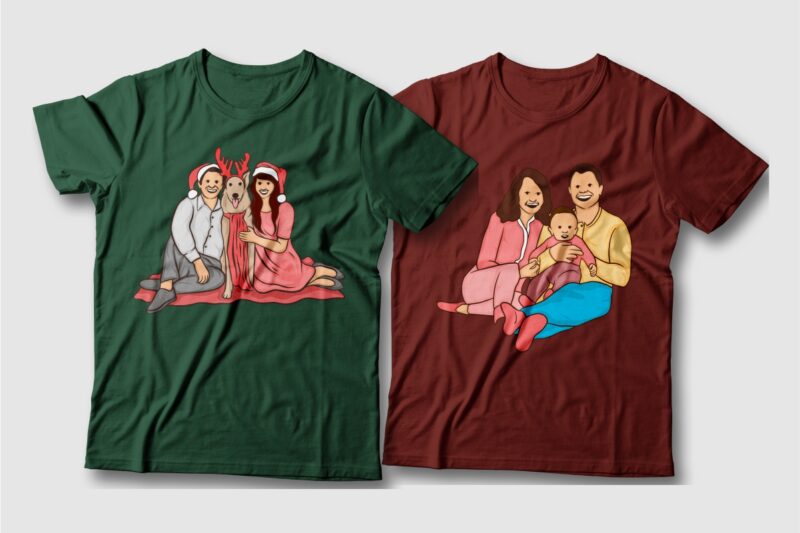 t-shirt vector Christmas family illustrations sublimation bundle, Christmas dad, Christmas Mom, Baby, Happy family in Christmas