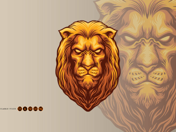 Golden wise lion head mascot logo illustrations t shirt design template