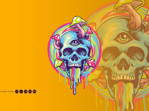 Trippy skull and magic mushroom t shirt designs for sale