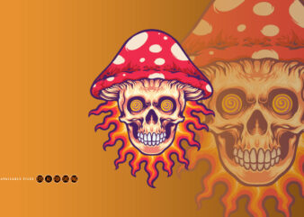 Trippy mushroom head skull on fire t shirt designs for sale