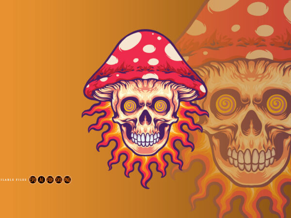 Trippy mushroom head skull on fire t shirt designs for sale