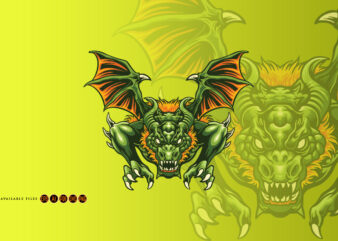 Green dragon attack illustration t shirt design template