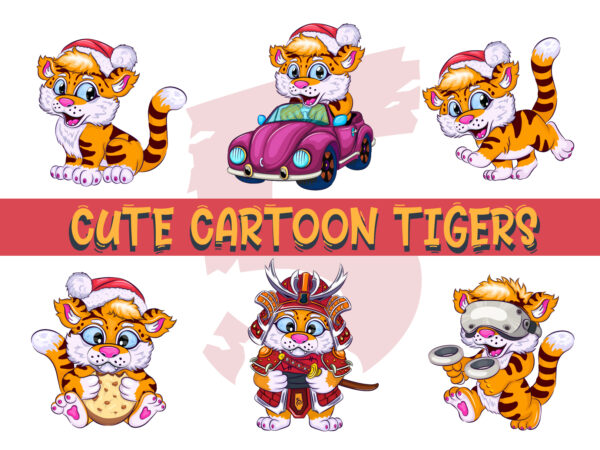 Set of cute cartoon tigers. t shirt template vector