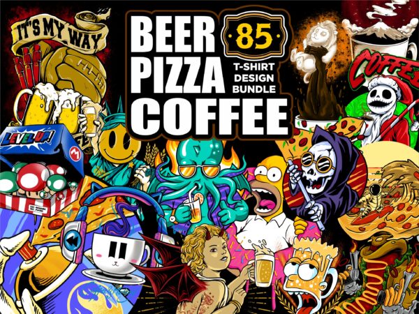 Beer – pizza – coffee cartoon illustration tshirt design bundles