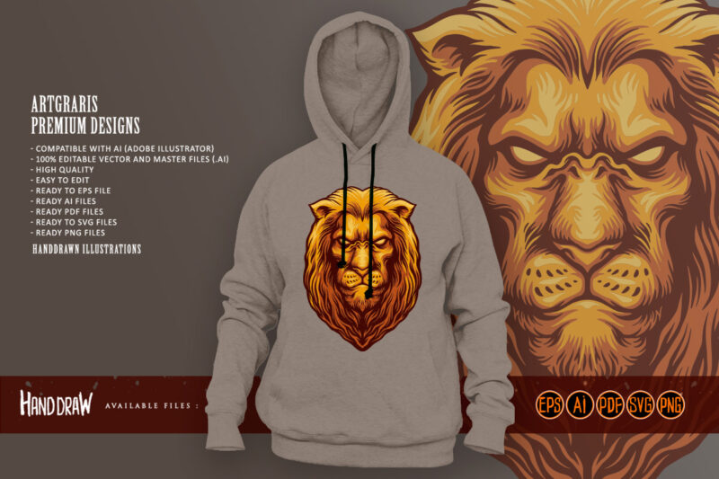 Golden wise lion head Mascot Logo Illustrations