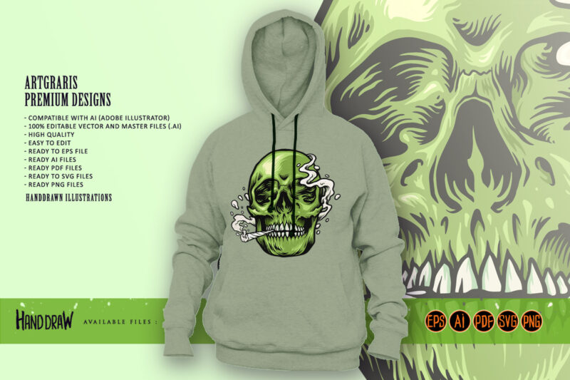 Smoking weed Green Skull Hand Drawn Illustrations