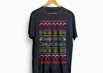Merry squidmas, squid games, squid game vector t-shirt design, squid Santa Claus, Korean Drama, ugly sweater design, Christmas design
