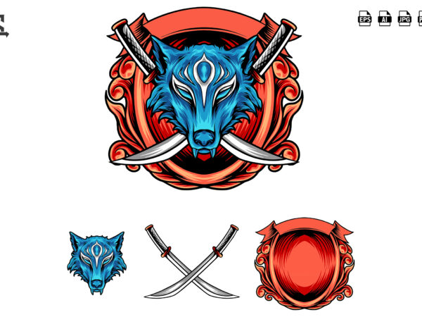 Fox kitsune with sword frame t shirt graphic design