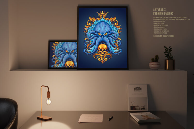 Blue Kraken with Gold Frame Skull Illustrations