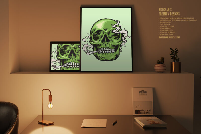 Smoking weed Green Skull Hand Drawn Illustrations