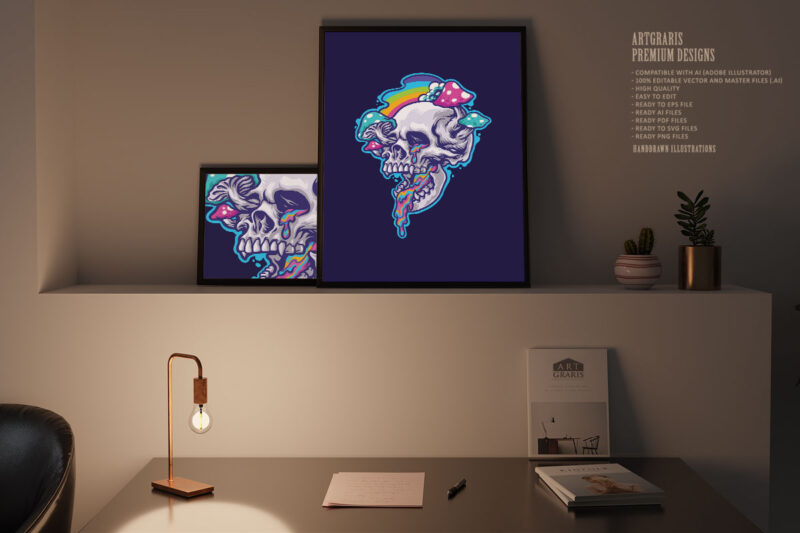Magic mushroom and trippy vomit skull illustration