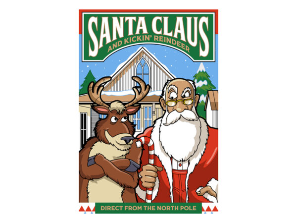 Santa claus and kickin’ reindeer t shirt template vector