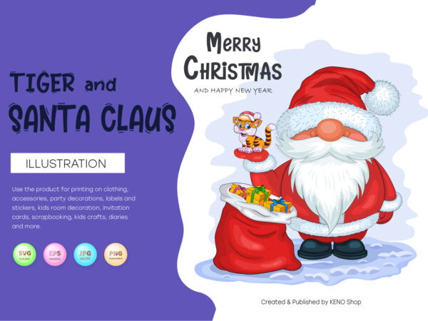 Santa claus with tiger. t shirt template vector