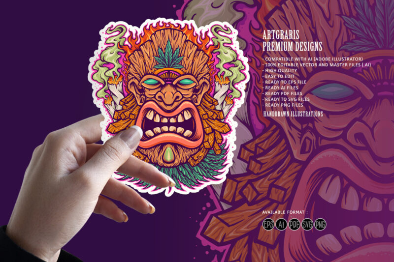 Angry Tiki Mascot with Cannabis Smoke