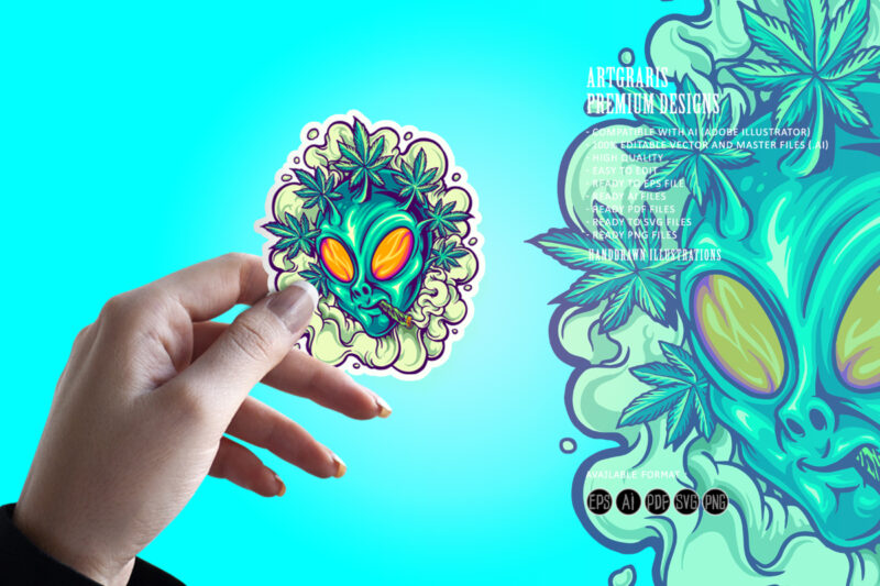 Alien Head Weed PLants Hair Smoke Illustrations