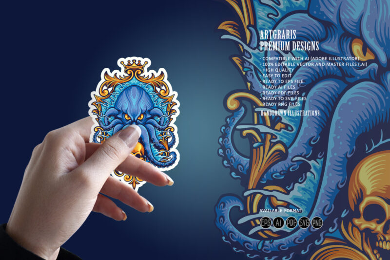 Blue Kraken with Gold Frame Skull Illustrations