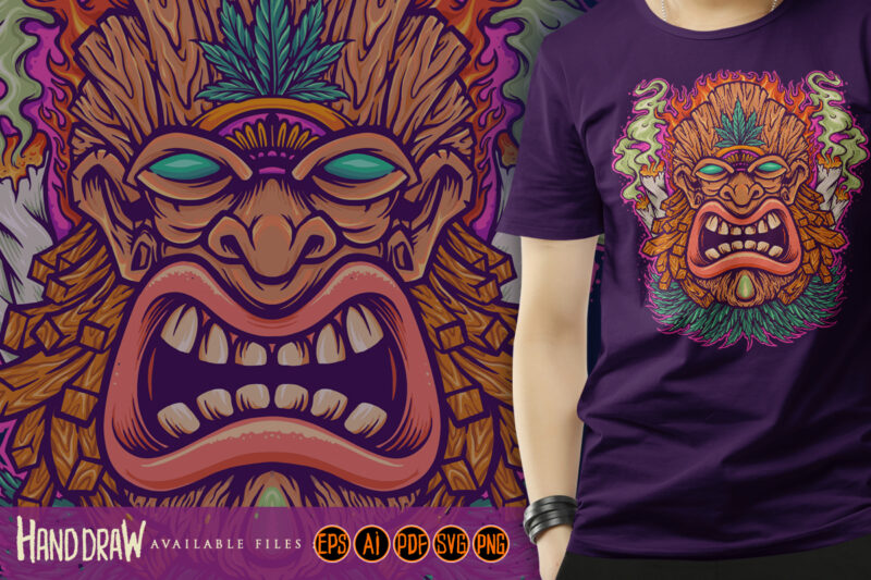 Angry Tiki Mascot with Cannabis Smoke