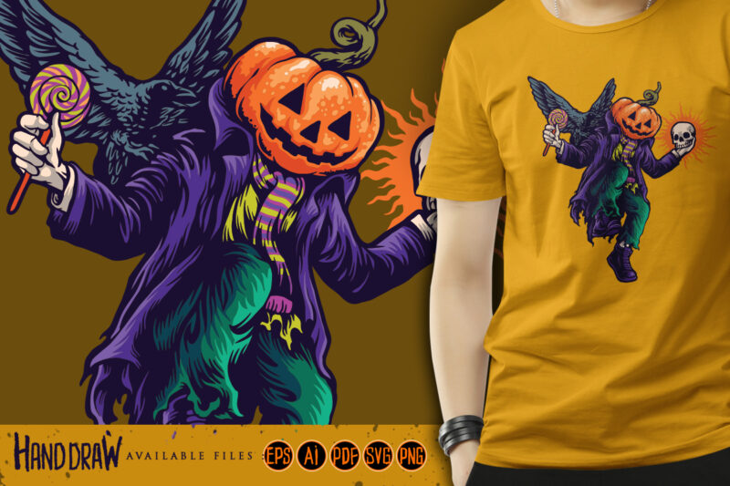 Halloween dancing pumpkins and crows illustration