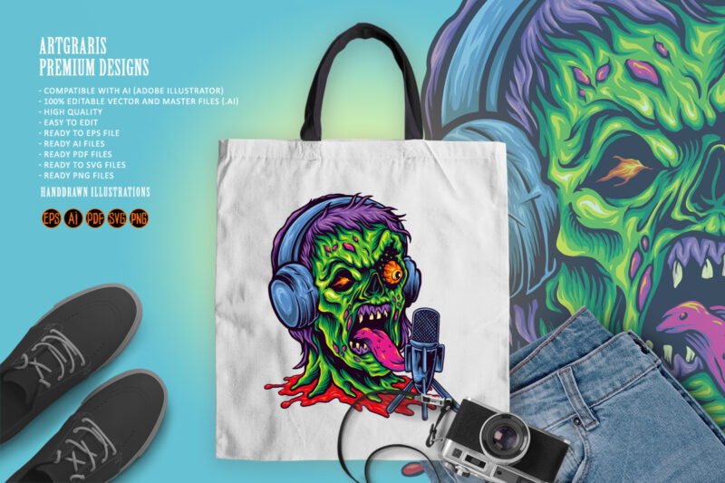 Angry Head Zombie Podcast Logo Illustrations