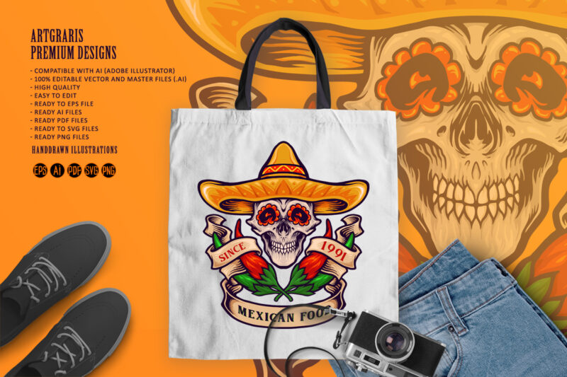 Mexican Food Skull Logo Chilli