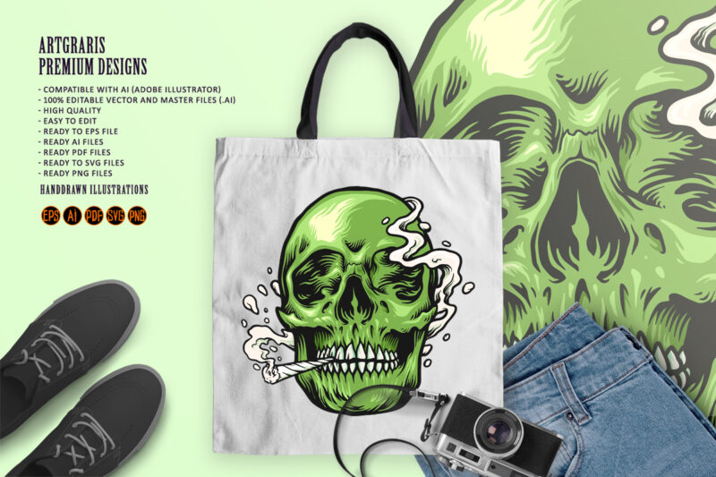 Smoking weed Green Skull Hand Drawn Illustrations