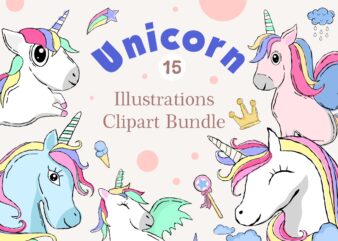 Unicorn illustrations clipart bundle vector, Cute unicorn sublimation bundle, Baby unicorn cartoon design for print