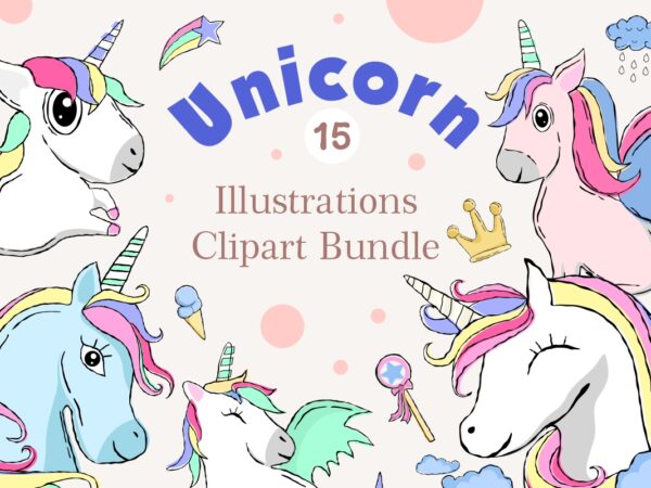 Unicorn illustrations clipart bundle vector, cute unicorn sublimation bundle, baby unicorn cartoon design for print