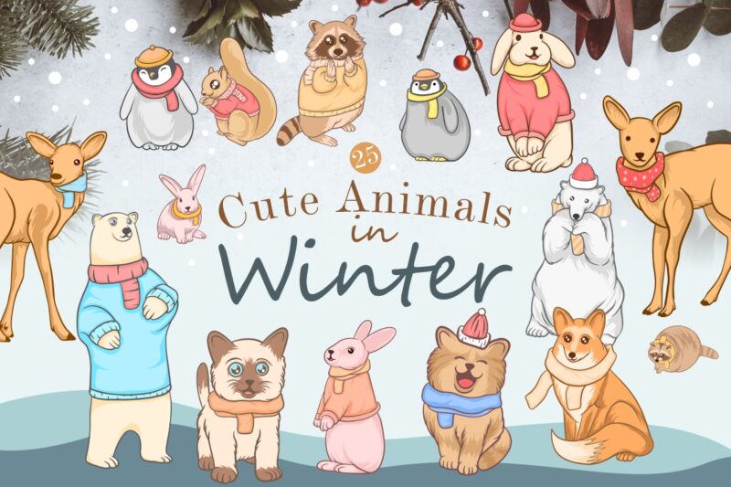 Cute animals in winter bundle illustrations