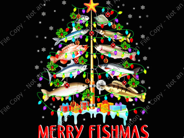 Merry fishmas christmas tree png, merry fishmas png, tree christmas png, christmas png, funny christmas tree lights fish png, fishing rod png t shirt designs for sale
