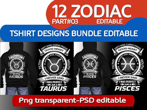 12 zodiac birthday bundles white color tshirt design completed psd file editable text and layer zodiac#3 update