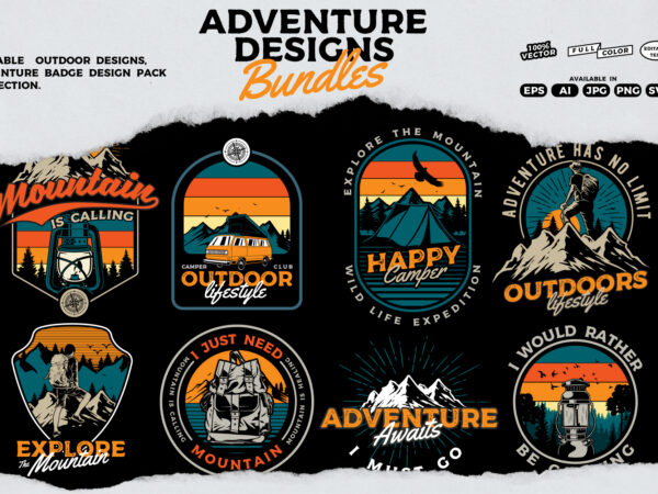 Adventure designs, editable outdoor designs, adventure badge design pack collection.