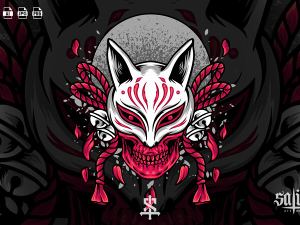 Skull head with kitsune mask t shirt template vector