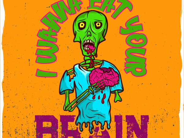 Zombie with brain in hands, t-shirt design