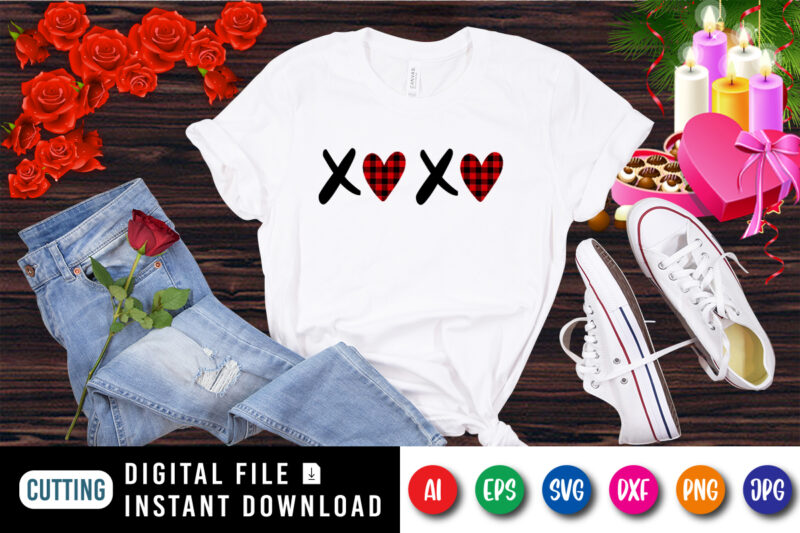 XOXO Shirt, Valentines Shirt, Valentines Day Shirt, plaid heart shirt print template