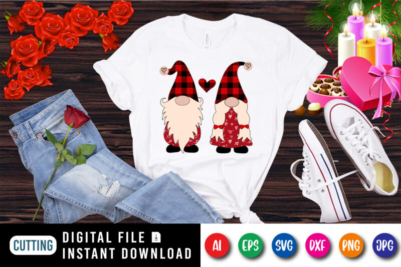 Valentine Gnome, plaid hat, plaid heart, valentine pattern, valentine gnome shirt print template