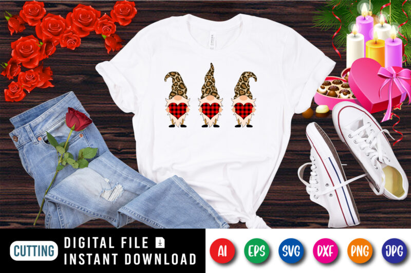 Valentine Gnome, plaid heart, animal print, gnome shirt print template