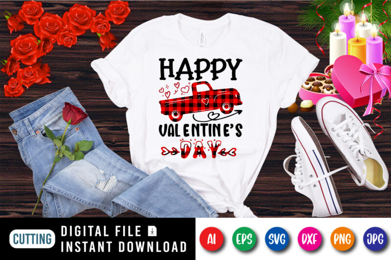 Happy Valentine’s Day, plaid truck, valentine truck shirt, valentine day shirt print template