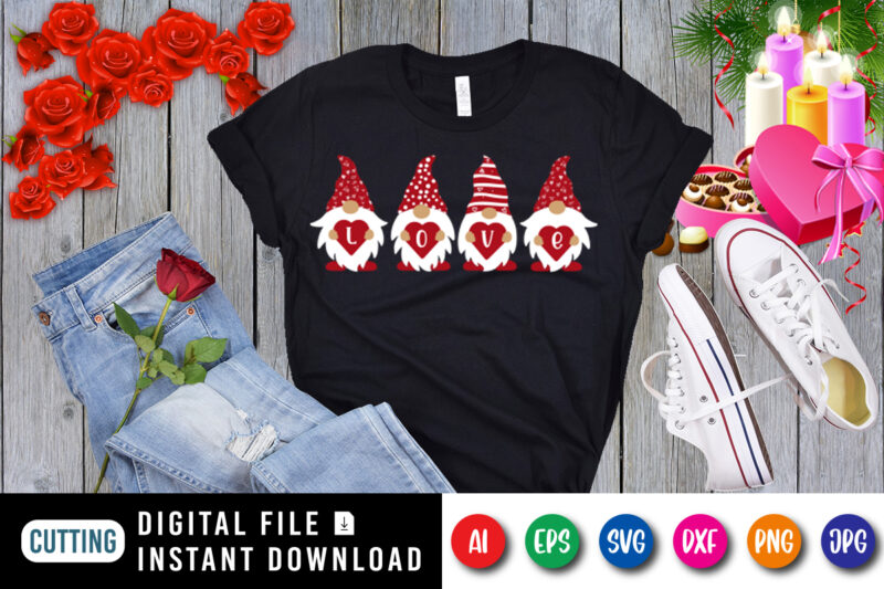 gnomes, valentine gnome, love gnome, love shirt, valentine pattern gnome hat shirt print template