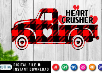 Heart crusher t-shirt, plaid truck, Heart Crusher Valentine truck shirt, Valentine’s Day Png, Heart Crusher Boys Valentine shirt print template