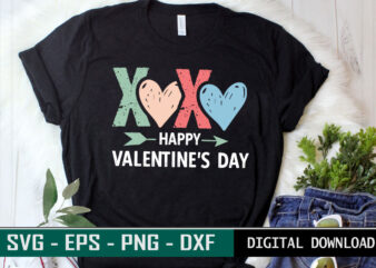 XOXO Happy Valentine’s Day Valentine quote Typography colorful romantic SVG cut file for print on black T-shirt and more merchandising