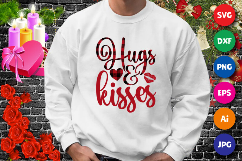 Hugs and Kisses t-shirt, Plaid Heart shirt, Lip shirt, kisses shirt, valentine kisses shirt, valentine shirt template